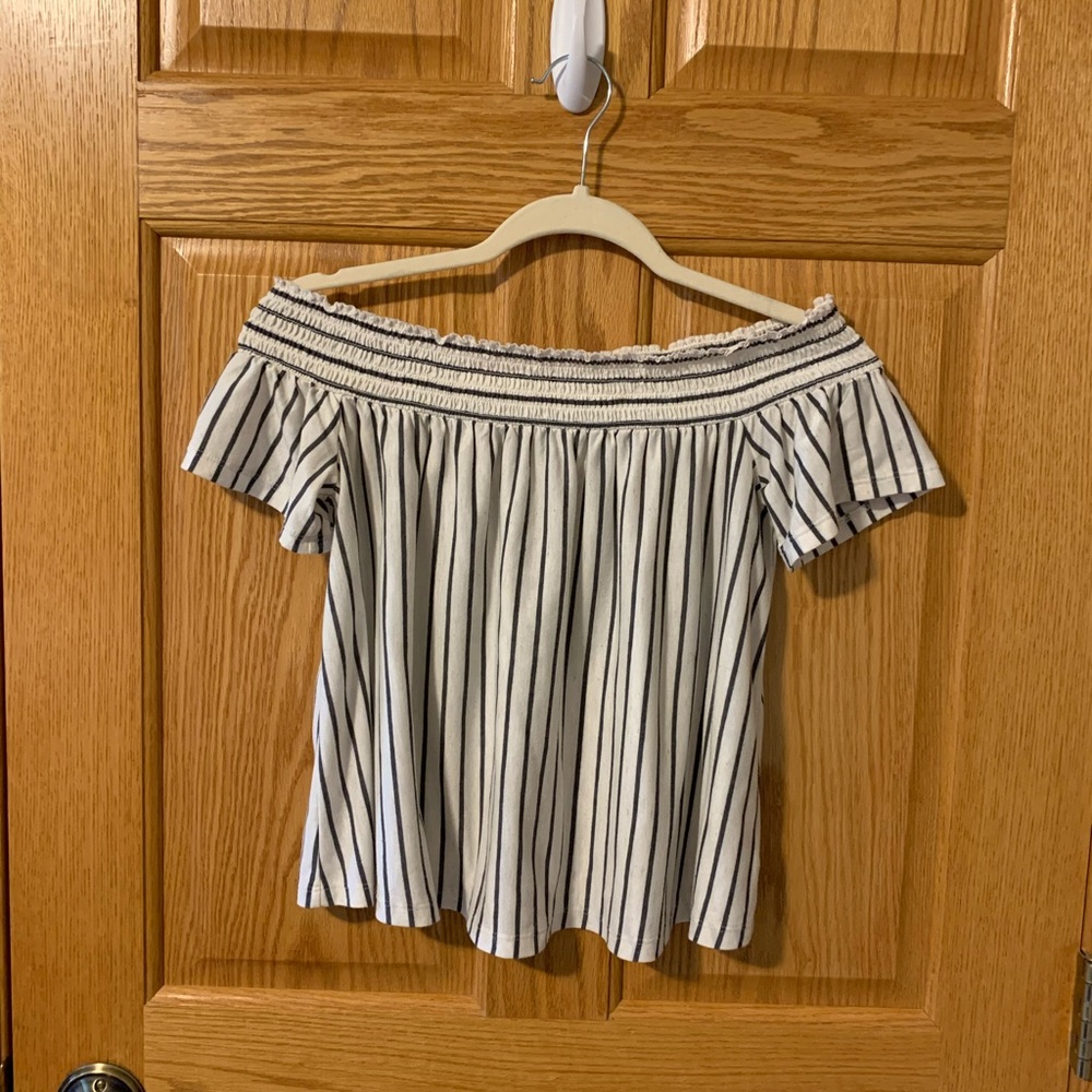Off the shoulder, navy and cream top